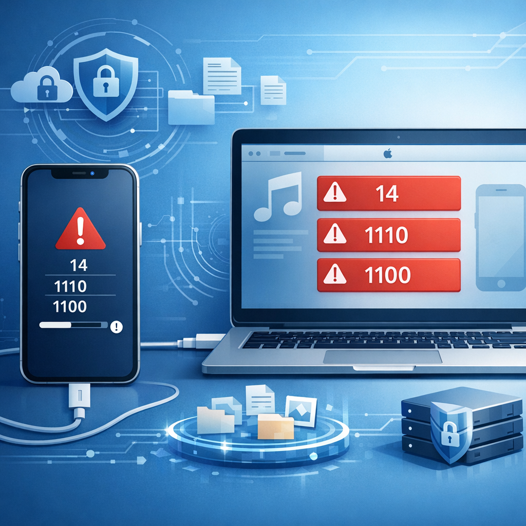 Datenrettung bei iTunes Fehler 14, 1110 und 1100 - Professional technical illustration of an iPhone connected to a computer showing iTunes error codes 14 1110 1100, data recovery theme, clean blue modern IT style, secure digital files, no readable text