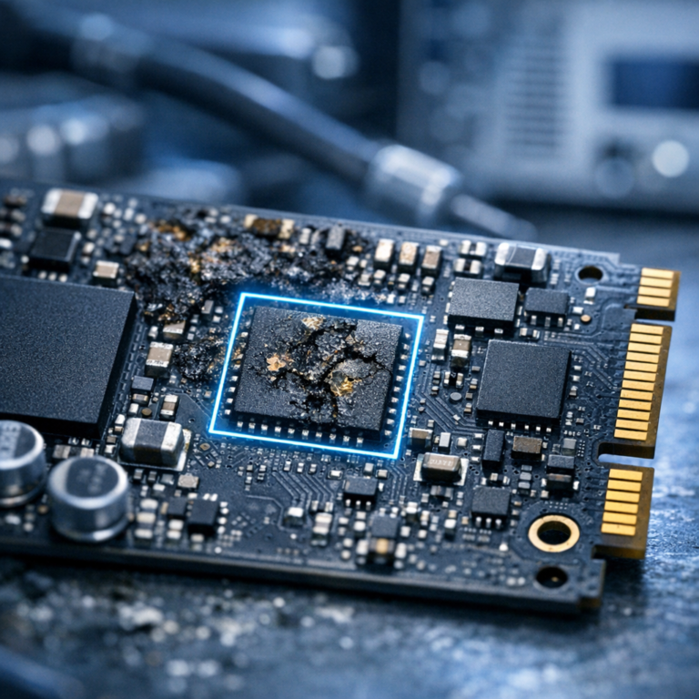 Datenrettung – Defekter PMIC (Power Management IC) - Defekte SSD Elektronik mit Fokus auf Power Management IC (PMIC), technische Nahaufnahme einer SSD-Platine mit markiertem Mikrochip, professionelle Labor-Atmosphäre, blaue und neutrale Farbtöne, hochwertig, seriös, keine Texte im Bild
