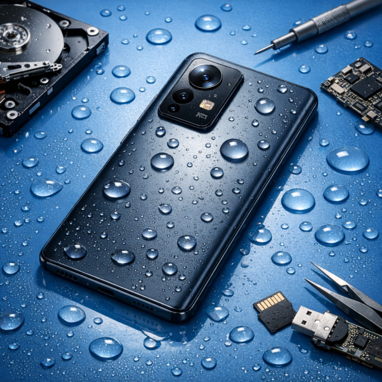 Xiaomi Handy ins Wasser gefallen - Modern realistic editorial image of a Xiaomi smartphone with water droplets on a clean blue tech background, repair and data recovery concept, no text, professional lighting