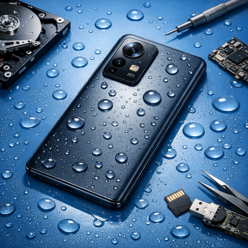 Xiaomi Handy ins Wasser gefallen - Modern realistic editorial image of a Xiaomi smartphone with water droplets on a clean blue tech background, repair and data recovery concept, no text, professional lighting