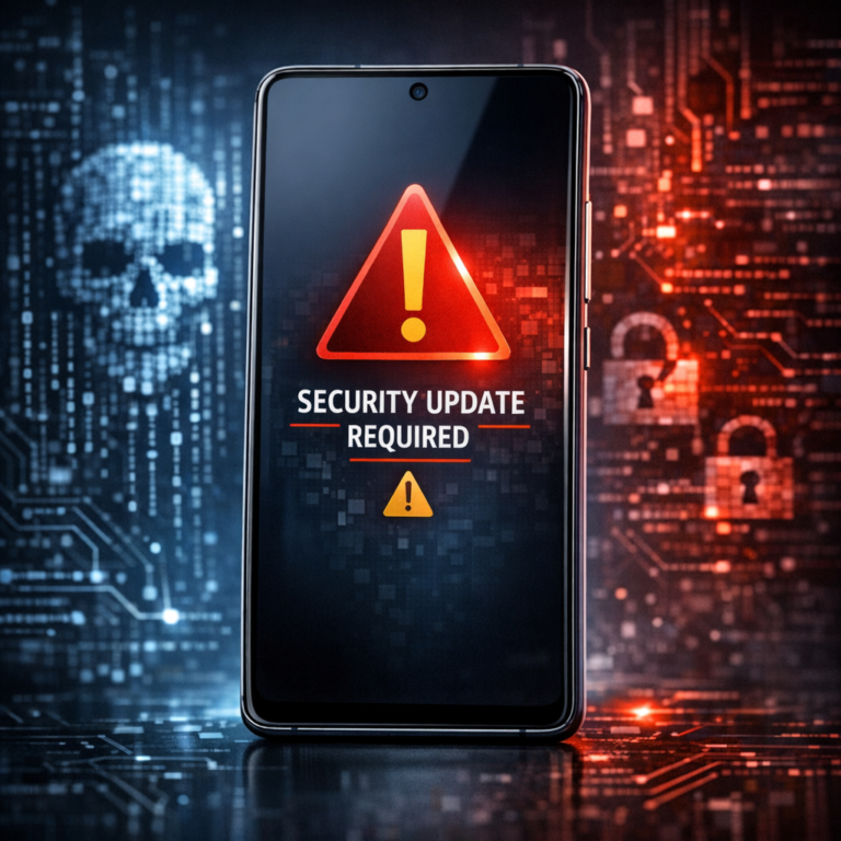 Android ohne Sicherheitsupdates: Warum Ihre Daten jetzt besonders gefährdet sind - Modernes Android-Smartphone mit Warnsymbol für fehlende Sicherheitsupdates, digitale Datenbedrohung, dunkler technischer Hintergrund, professionell und seriös