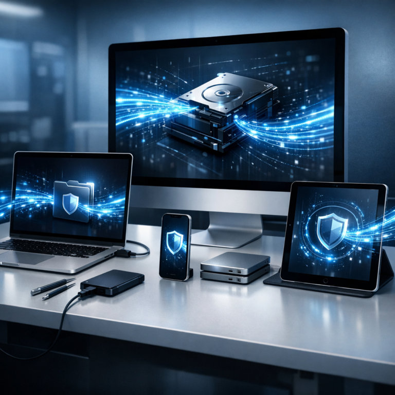 Apple & Mac Datenrettung für MacBook, iMac, iPhone, iPad - Modern professional Apple and Mac data recovery scene with MacBook, iMac, iPhone and iPad on a clean desk, glowing secure data streams, blue and silver technology style, trustworthy IT service atmosphere, no logos, no text