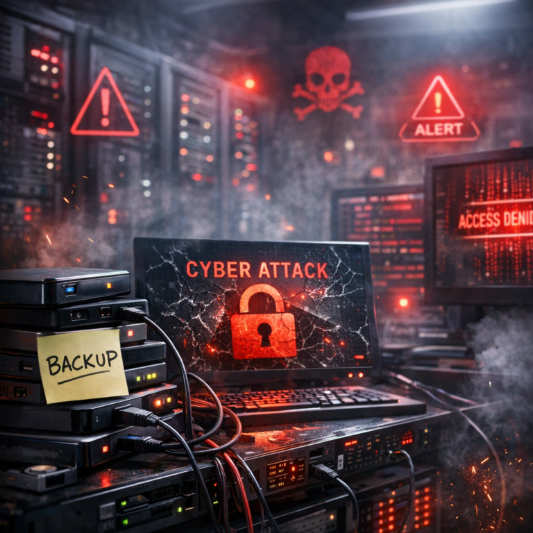 Backups allein sind kein Garant mehr - Dramatische, professionelle IT-Szene mit Serverraum, Warnsymbolen, Backup-Festplatten und Cyberangriffs-Stimmung, modern, realistisch, redaktionelles Titelbild zum Thema: Backups reichen nicht mehr als Garant fuer Datensicherheit
