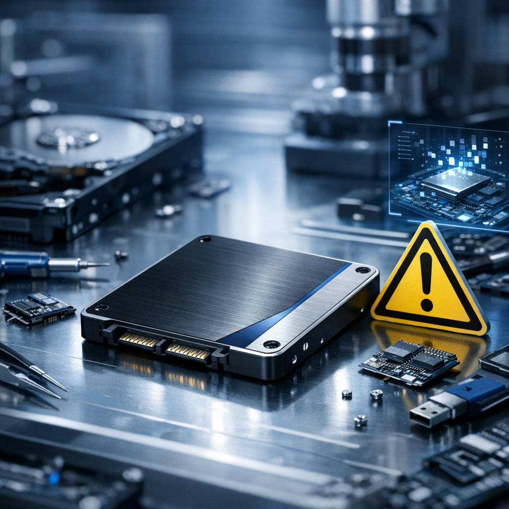 Datenrettung bei SSD mit Firmware-Fehler - Moderne SSD auf technischer Werkbank mit Warnsymbol und Datenrettungs-Kontext, professionell, clean, blaue und silberne Farbtöne, kein Text, realistischer High-Tech Look