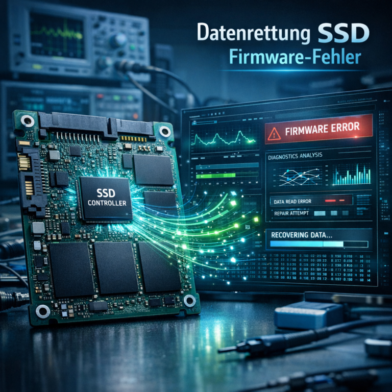 Datenrettung bei SSD mit Firmware-Fehler - Modernes Beitragsbild zur Datenrettung bei SSD mit Firmware-Fehler: geöffnete SSD-Platine, Controller-Chip, digitale Diagnose-Oberfläche, Datenfluss-Visualisierung, professionelles Labor-Feeling, blau-grüne Technikfarben, sauber, vertrauenswürdig, realistisch