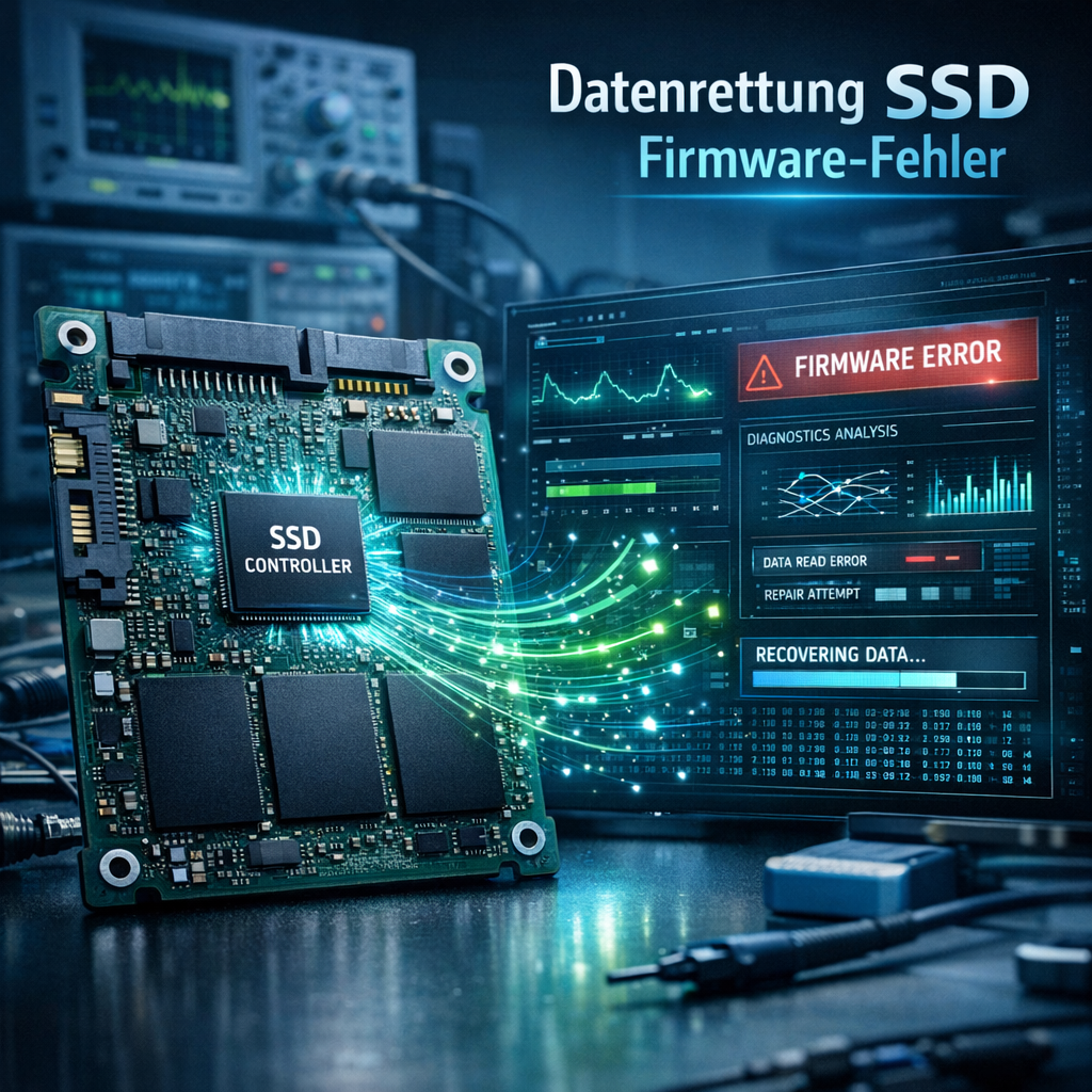 Datenrettung bei SSD mit Firmware-Fehler - Modernes Beitragsbild zur Datenrettung bei SSD mit Firmware-Fehler: geöffnete SSD-Platine, Controller-Chip, digitale Diagnose-Oberfläche, Datenfluss-Visualisierung, professionelles Labor-Feeling, blau-grüne Technikfarben, sauber, vertrauenswürdig, realistisch
