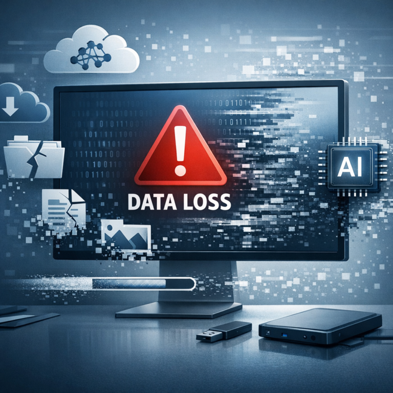 Datenverlust durch Gemma 4 möglich? - Beitragsbild zum Thema Datenverlust durch KI-Systeme wie Gemma 4: moderner Computerbildschirm mit Warnsymbol, digitale Dateien, Cloud-Icons und angedeuteter Datenlöschung, professionell, technisch, seriös, blau-graue Farbwelt