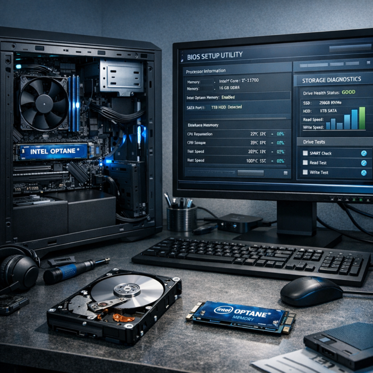 Intel Optane – PC erkennt HDD nicht mehr: typische Fehler, Ursachen und Tipps - Moderner Desktop-PC mit geöffneter Seitenwand, Festplatte und Intel-Optane-Thematik, BIOS- und Storage-Diagnose auf Monitor, technischer IT-Support-Look, realistisch, professionell, blau-graue Farbstimmung