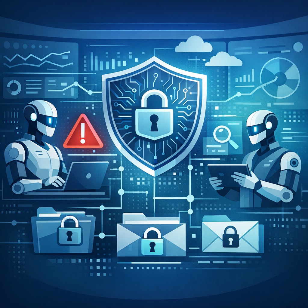 KI Agenten löschen Daten? Wie absichern? - Modern editorial illustration about AI agents and data security in a business IT environment, abstract dashboard, shield icon, warning symbol, secure file protection, blue and teal color palette, clean professional style