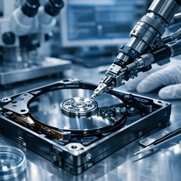 Lesekopf-Crash: Warum Ihre Daten noch nicht verloren sind - Professionelle Datenrettung nach Lesekopf-Crash einer Festplatte, geöffnete HDD im Reinraum-Look, moderner technischer Arbeitsplatz, präziser Lesekopf über Magnetscheibe, blau-silberne Farbwelt, seriös, detailreich, ohne Text