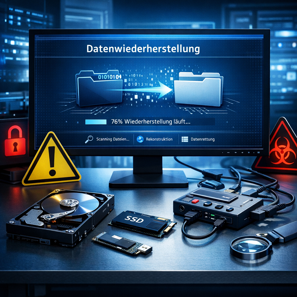 Umgang mit Datenträgerfehlern und Datenverlust: Methoden, Ursachen und Maßnahmen - Moderner, professioneller IT-Sicherheits- und Datenrettungs-Arbeitsplatz mit Festplatte, SSD, Warnsymbolen, Datenwiederherstellung auf Monitor, blaue technische Farbwelt, clean, editorial style