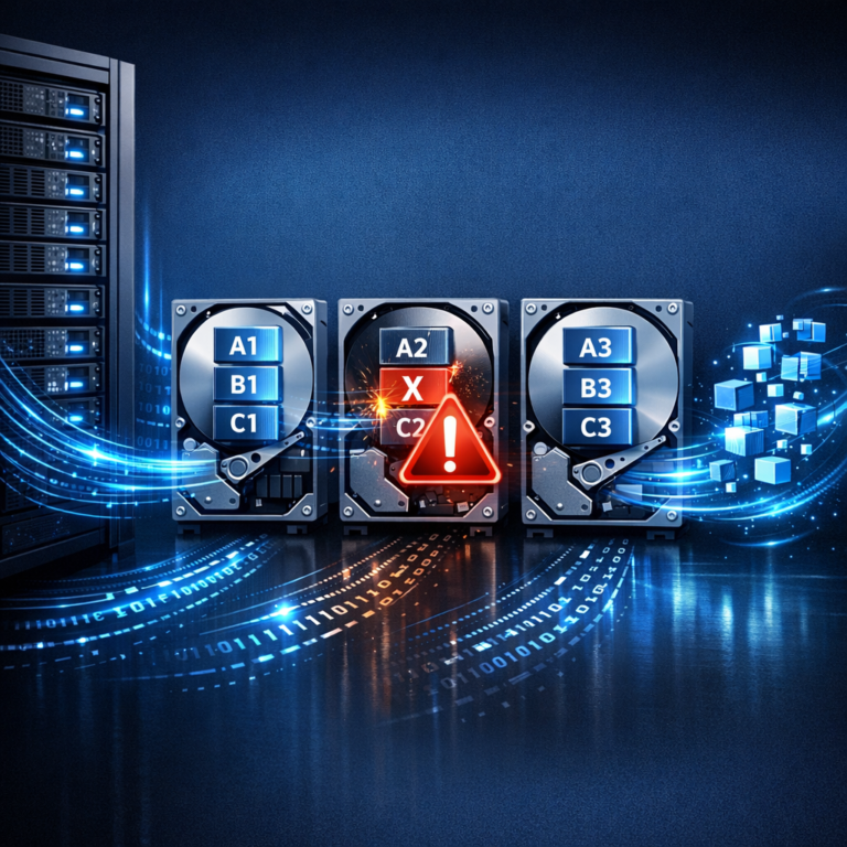 7 Schritte Anleitung zur RAID 5 Datenrettung - Modern technical illustration of RAID 5 data recovery: server rack, multiple hard drives, warning icon, data streams, blue and dark professional IT style, clean composition, no text