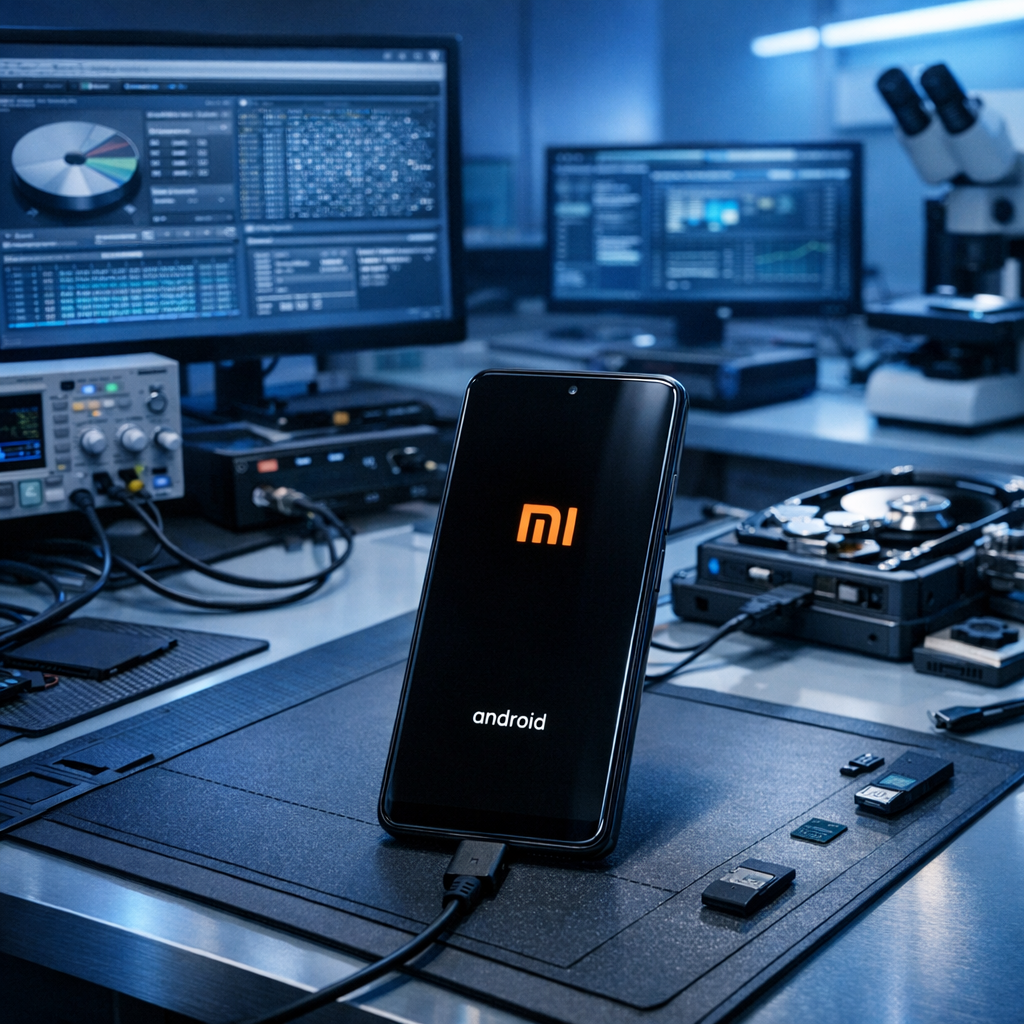 Android data recovery in Bootloop (Xiaomi) - Professional smartphone data recovery scene: Xiaomi Android phone stuck on bootloop logo, diagnostic workstation, clean modern tech lab, blue lighting, data recovery concept, no text
