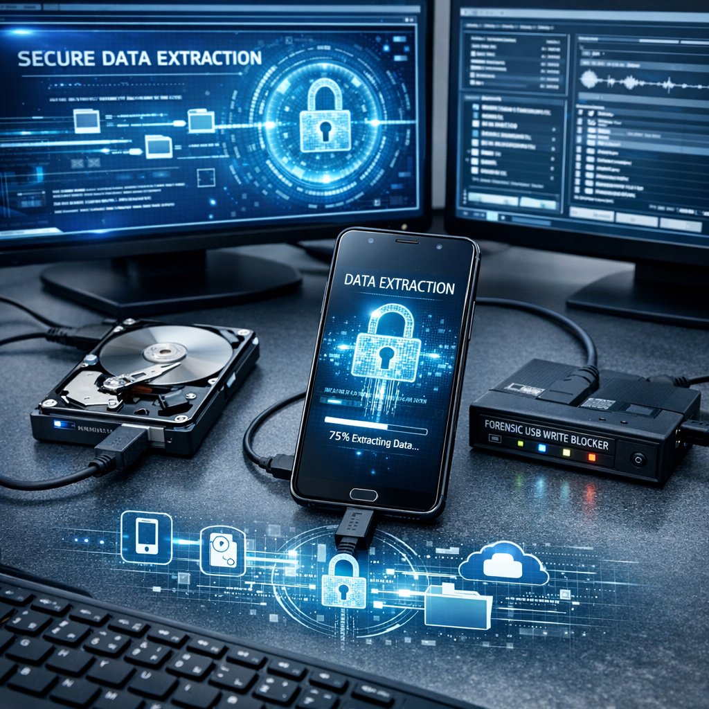Angebot: Forensischer Dump für unterstützte Geräte jetzt möglich - Modern digital forensics workspace with smartphone, hard drive, secure data extraction visualization, blue cyber security interface, clean professional tech style