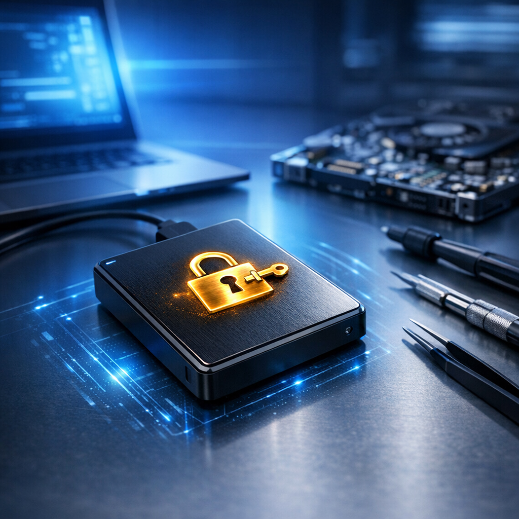 BitLocker-verschlüsselte Festplatte retten - Modern cybersecurity data recovery concept: encrypted hard drive with BitLocker-style lock icon, blue Windows-inspired interface glow, professional IT repair desk, clean high-tech composition, no text