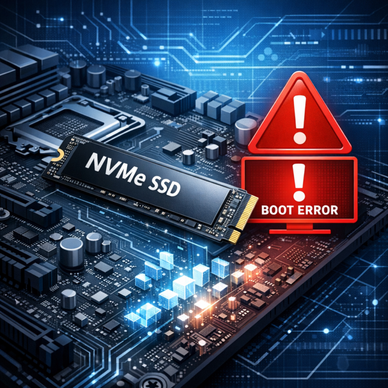 Bootprobleme mit SSDs: Ursachen, Behebung und Datenrettung - Modern professional illustration of an NVMe SSD and computer motherboard with warning boot error icon, blue technical background, data recovery concept, clean high-tech style