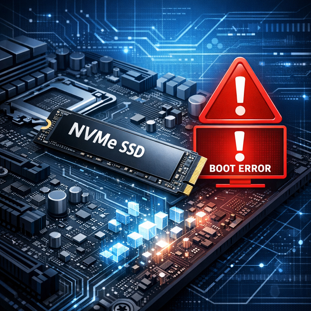 Bootprobleme mit SSDs: Ursachen, Behebung und Datenrettung - Modern professional illustration of an NVMe SSD and computer motherboard with warning boot error icon, blue technical background, data recovery concept, clean high-tech style