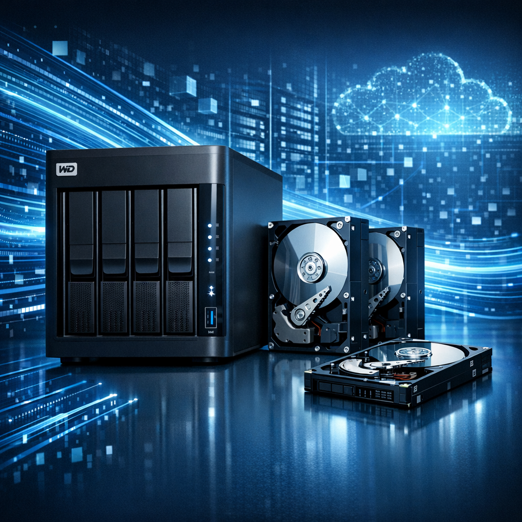COMPUTER & TECHNIK WD My Cloud Datenrettung: Das können Sie bei Datenverlust tun - Modern technical hero image for WD My Cloud NAS data recovery, network storage device, hard drives, blue digital data streams, clean professional IT style, no text