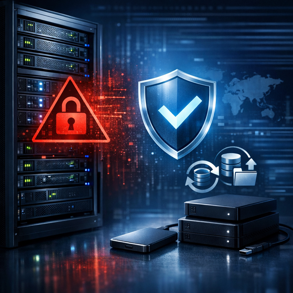 Cyberangriff oder Server-Ausfall: Warum Datenrettung Teil der IT-Notfallplanung ist - Modern professional IT emergency planning scene: secure server rack with warning cyber attack overlay, data recovery symbols, shield icon, backup drives, dark blue technology background, clean corporate style, no text