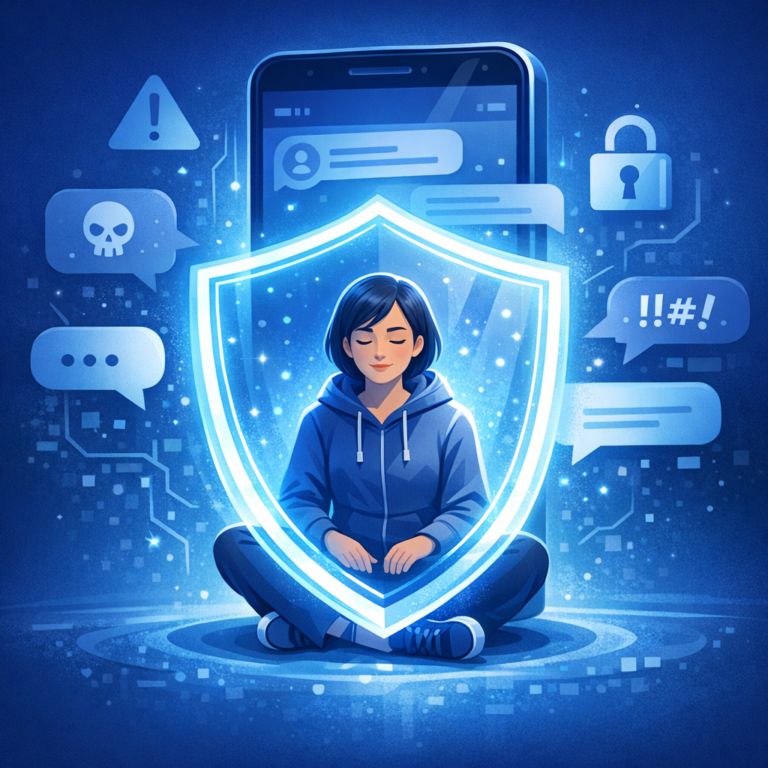 Cybermobbing und Cyberstalking – Hilfe für Betroffene - Modern digital safety illustration: a person protected by a glowing shield in front of smartphone and chat bubbles, calm supportive atmosphere, blue tones, cybersecurity and online harassment help, professional editorial style