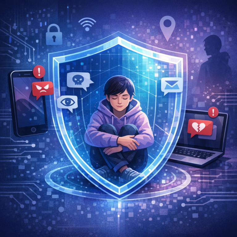 Cybermobbing und Cyberstalking – Hilfe für Betroffene - Modern editorial illustration about cyberbullying and cyberstalking support: person protected by digital shield, smartphone notifications, calm blue and purple cyber security atmosphere, empathetic and professional, no text