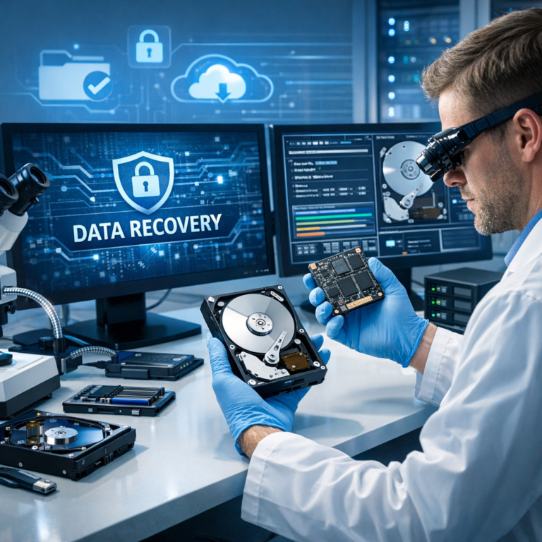 data recovery near me - Modern professional data recovery lab with technician examining hard drive and SSD, clean blue technology theme, secure digital files, realistic, high quality, wide blog header image