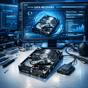 Data rescue for hard drives - Professional data rescue for hard drives, damaged HDD on clean desk with digital recovery interface, blue technology lighting, modern IT service style, realistic, high detail