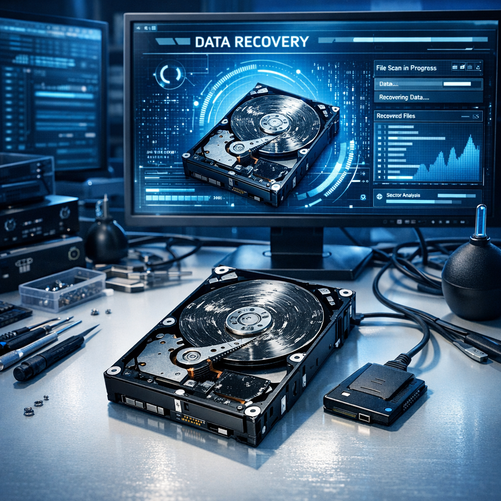 Data rescue for hard drives - Professional data rescue for hard drives, damaged HDD on clean desk with digital recovery interface, blue technology lighting, modern IT service style, realistic, high detail