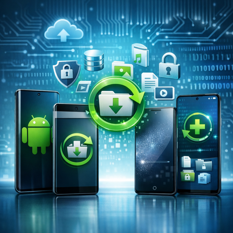 Datenrettung Android » Von allen Herstellern - Modern professional Android data recovery service concept, multiple Android smartphones from different brands, secure digital files, recovery icons, clean blue technology background, realistic high quality
