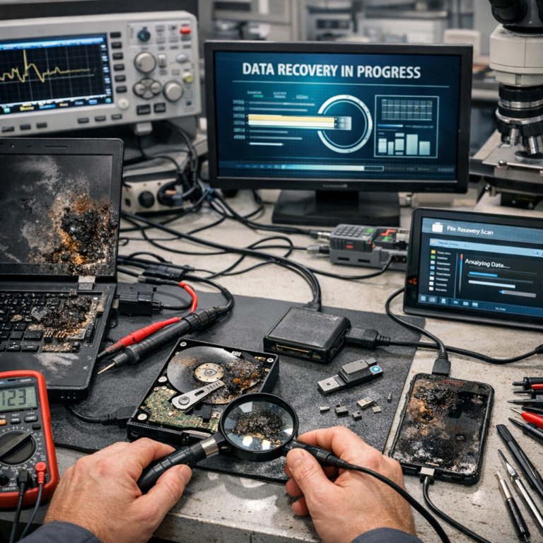 Datenrettung bei Kurzschluss: Soforthilfe, Risiken und professionelle Rettung ohne Cloud-Backup - Datenrettung nach Kurzschluss an Laptop, externer Festplatte und Smartphone auf Werkbank, seriöse technische Notfallszene, Elektronikschaden, professionelle Diagnose, modernes Labor, realistisch