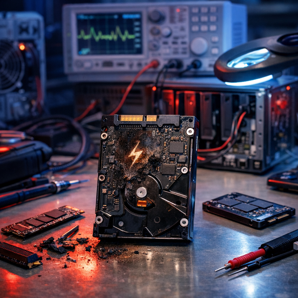Datenrettung bei Überspannung und Elektronik-Schaden - Modern technical data recovery scene after electrical surge: damaged hard drive PCB with subtle lightning symbol, SSD and NAS components on clean workbench, professional diagnostics, blue and red lighting, realistic, high quality, no text