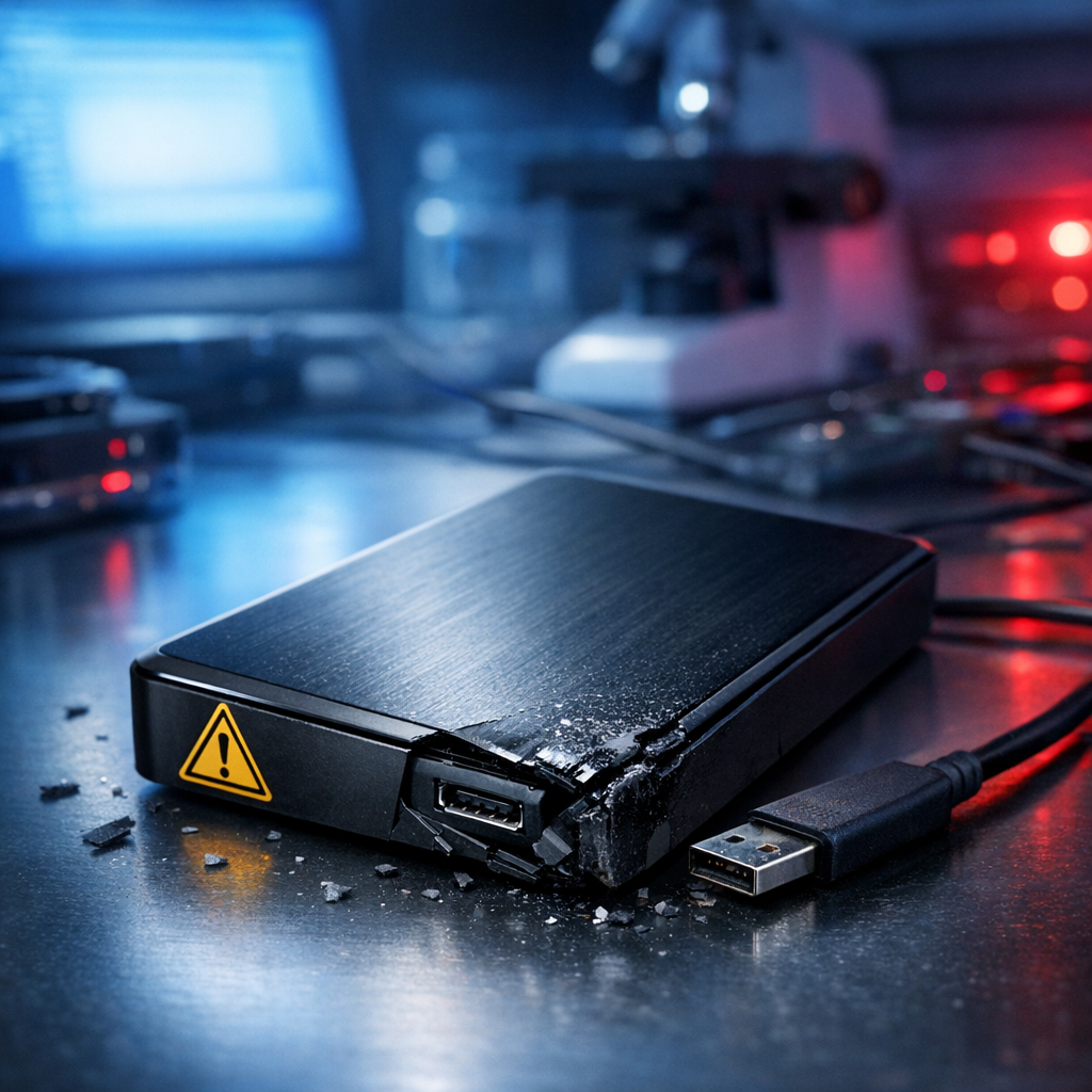 Datenrettung externe WD Festplatte heruntergefallen klickt - Professional photo-realistic image of an external Western Digital style hard drive on a desk after a fall, subtle warning symbol, data recovery laboratory mood, clean modern blue and red lighting, no readable brand logo, high detail