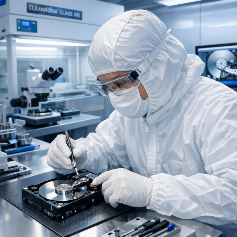 Datenrettung im zertifizierten Reinraumlabor - Modernes zertifiziertes Reinraumlabor für professionelle Datenrettung, Techniker in Schutzkleidung arbeitet an geöffneter Festplatte, sterile Hightech-Umgebung, blau-weiße Farben, seriös, fotorealistisch