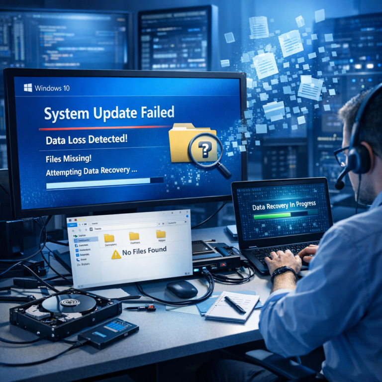 Datenrettung nach Software-Update unter Windows 10: Anleitung für Kunden - Windows-10-PC nach Software-Update mit Datenverlust, seriöse Datenrettung, verschwundene Dateien, professioneller IT-Notfall, moderner Arbeitsplatz, blaue technische Farbwelt