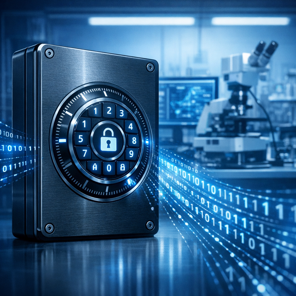 Datenrettung seriöse Anbieter - Modernes seriöses Titelbild für einen deutschen Ratgeber über Datenrettung und vertrauenswürdige Anbieter: sichere Festplatte, digitales Schloss, Datenströme, professionelle IT-Labor-Atmosphäre, blaues Farbschema, clean, hochwertig, ohne Text