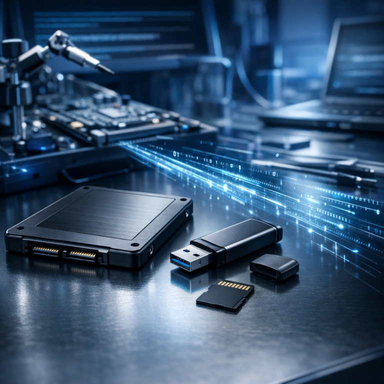 Datenrettung von SanDisk – SSD Flash-Speicher - Modern professional data recovery scene with SanDisk-style SSD, USB flash drive and microSD card on a clean tech workbench, blue lighting, digital data streams, no logos, high detail