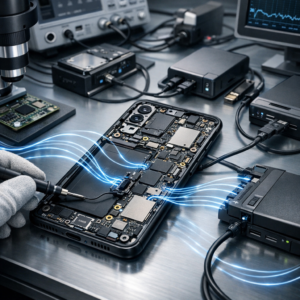 Datenrettung Xiaomi Mi 9 - Professionelle Datenrettung eines Xiaomi Mi 9 Smartphones auf moderner Werkbank, geöffnetes Android Smartphone mit Mikroelektronik, Datenströme als dezente blaue Linien, seriöser technischer Look, clean, high detail, no text