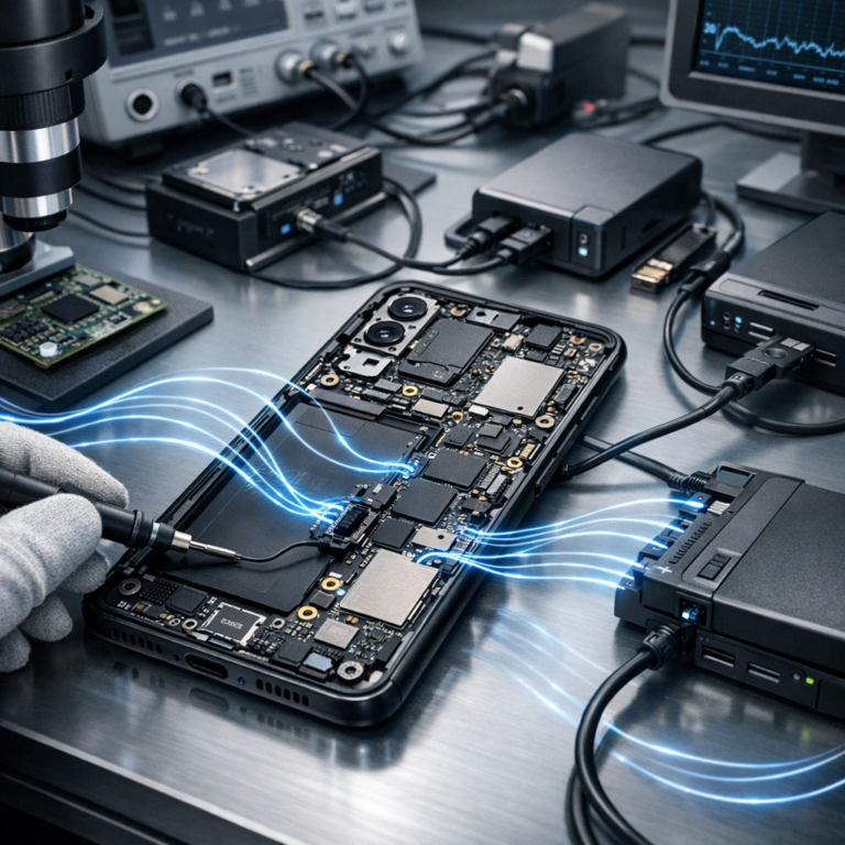 Datenrettung Xiaomi Mi 9 - Professionelle Datenrettung eines Xiaomi Mi 9 Smartphones auf moderner Werkbank, geöffnetes Android Smartphone mit Mikroelektronik, Datenströme als dezente blaue Linien, seriöser technischer Look, clean, high detail, no text