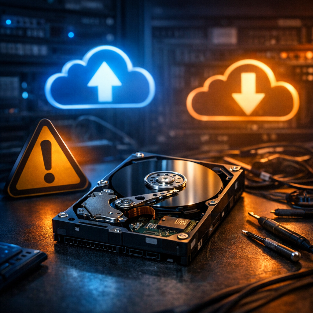 Defektgefahr: Datenretter raten zu Backups von älteren WD-Festplatten - Modern technology editorial image showing an older Western Digital style hard drive on a desk with warning symbol, backup cloud icons, blue and amber lighting, professional IT data recovery atmosphere, no text