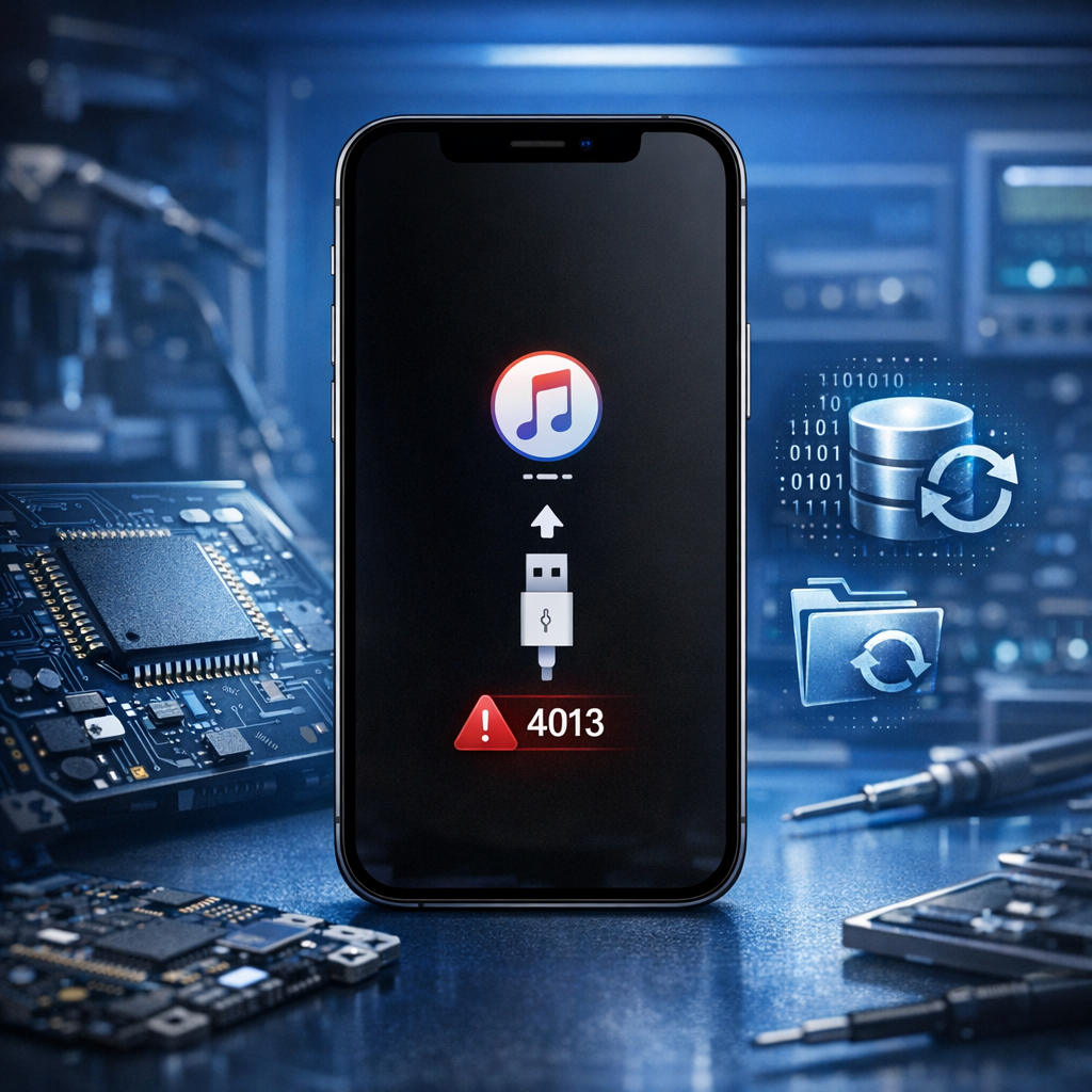 FEHLER 4013 – Das musst du tun: Anleitung zur Datenrettung - Modern realistic technical illustration of an iPhone in recovery mode showing error code 4013, microchip and data recovery symbols, clean blue technology background, professional repair lab atmosphere, no text overlay