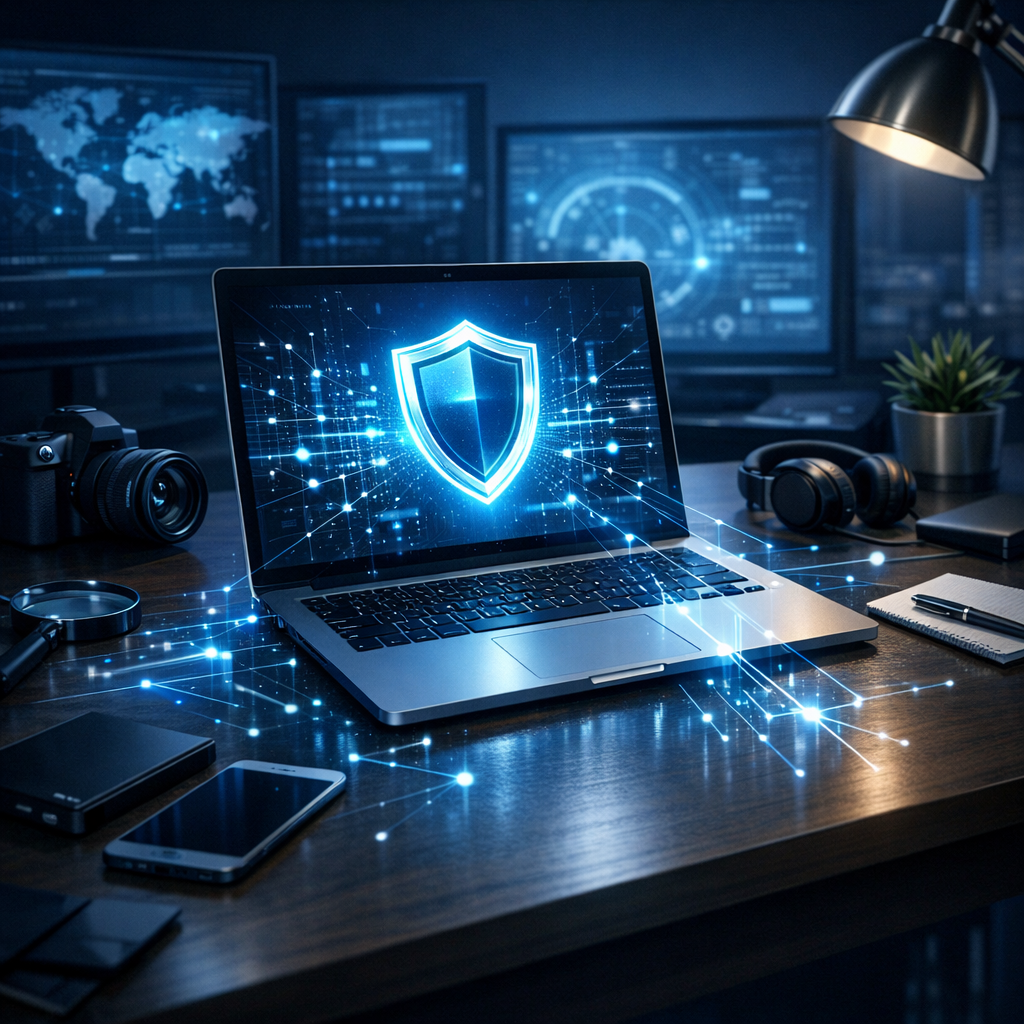 Forensik für Privat und Firmen - Modern digital forensics concept for private clients and businesses, cybersecurity investigator desk, laptop with glowing data traces, shield icon, network lines, professional blue technology style, clean corporate look, no text