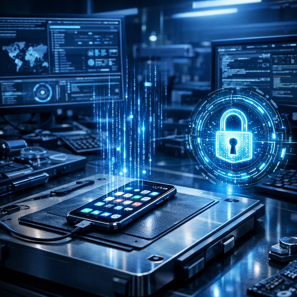 Forensik mobiler Endgeräte - Modernes digitales Forensik-Labor mit Smartphone auf Analyse-Tisch, leuchtende Datenströme, Sicherheitsschloss-Symbol, professionelle Cybersecurity-Atmosphäre, blaues Licht, realistisch und hochwertig
