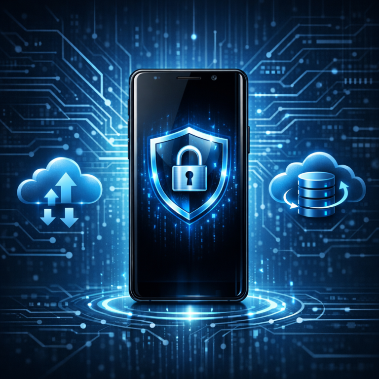 Handy Datenrettung Tips & Tricks Die Sicherheitsarchitektur moderner Smartphones und ihre Bedeutung für die Datensicherheit - Modern smartphone data recovery and cybersecurity concept, encrypted phone with shield lock icon, cloud backup symbols, circuit board background, professional clean blue technology style, no text