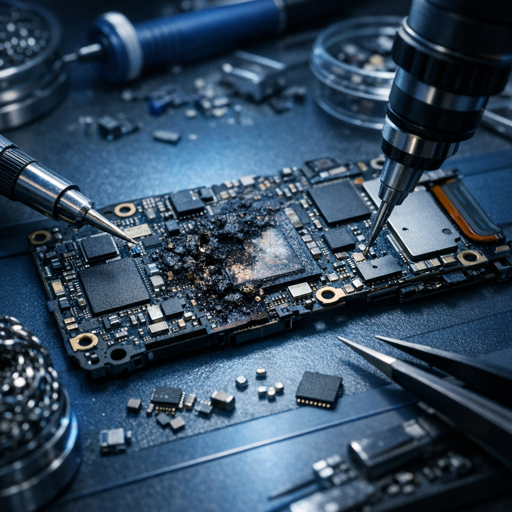 Handy Platine kaputt? Daten retten trotz Totalschaden - Modern realistic close-up of a damaged smartphone motherboard on a repair workbench, tiny electronic components, data recovery concept, professional micro soldering tools, blue technical lighting, clean high-tech style, no text