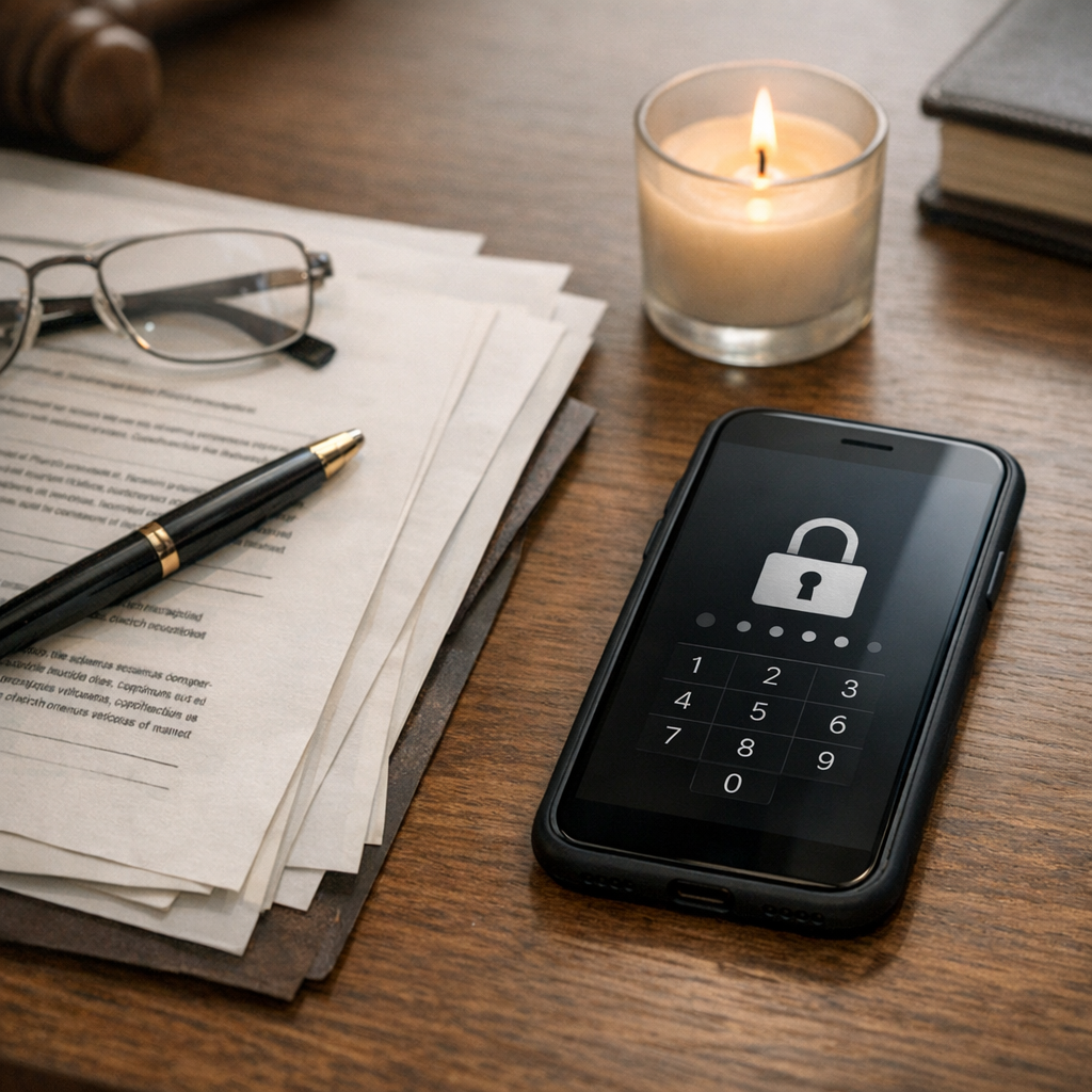 Handy von Verstorbenen entsperren: Das sollten Sie beachten - Respectful modern editorial image: locked smartphone on a desk beside legal documents, subtle remembrance candle and soft neutral lighting, symbolizing digital estate, privacy and smartphone data recovery, professional realistic style, no text