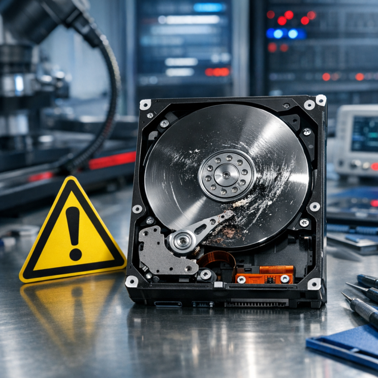 Headcrash? Wir retten Daten von beschädigten Festplatten zuverlässig - Professionelle Datenrettung bei Headcrash: geöffnete beschädigte Festplatte mit sichtbaren Magnetscheiben, Warnsymbol, modernes IT-Labor, seriöse technische Atmosphäre, blau-rote Akzente, keine Personen, fotorealistisch