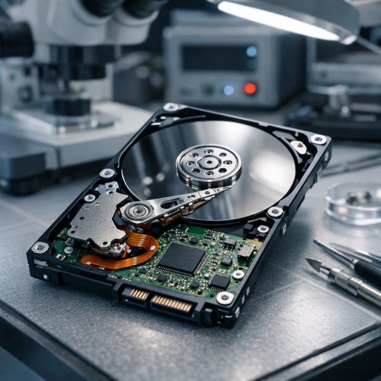 Hitachi HTS541680J9SA00 startet nicht – PCB defekt erkennen & lösen - Makroaufnahme einer geöffneten 2,5-Zoll-Hitachi-SATA-Festplatte mit sichtbarer grüner PCB-Platine, Diagnose-Labor, moderne technische Beleuchtung, professioneller Datenrettungs-Kontext, realistisch, clean, ohne Text