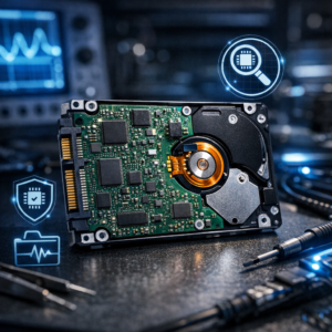 Hitachi HTS541680J9SA00 startet nicht – PCB defekt erkennen & lösen - Technische Nahaufnahme einer 2,5-Zoll-Hitachi-Laptop-Festplatte mit sichtbarer PCB-Platine, Diagnose-Symbolen, moderner dunkler Werkbank, blaues Elektroniklicht, professioneller Datenrettung-Look, ohne Text