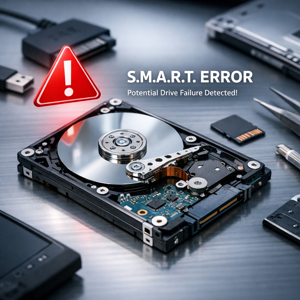 HTS541680J9SA00 extrem langsam – droht jetzt der Festplattenausfall? - Old laptop hard drive with red warning icon, SMART error, data recovery theme, clean modern tech blog image