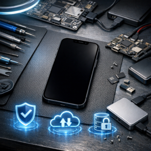 iPhone 13 Display schwarz, aber eingeschaltet: Daten retten – Fachanleitung mit Praxisfall - Realistic modern repair desk with an iPhone 13 showing a black screen but powered on, data recovery concept, subtle blue tech glow, tools, secure backup symbols, professional clean style